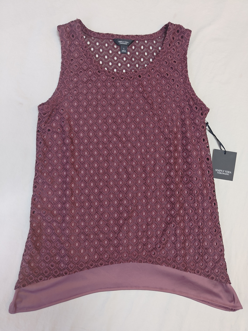 Simply Vera Vera Wang Dusty Mauve Lace Tank Top with Silky Bottom Hem